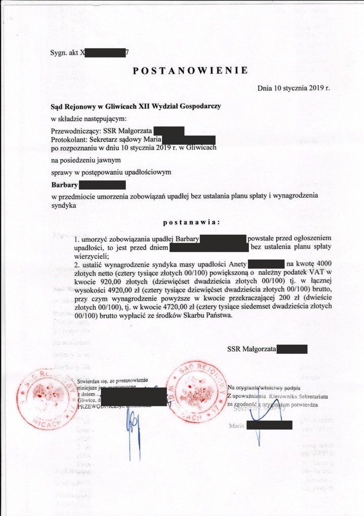 Postanowienie sądu o ogłoszeniu upadłości 6