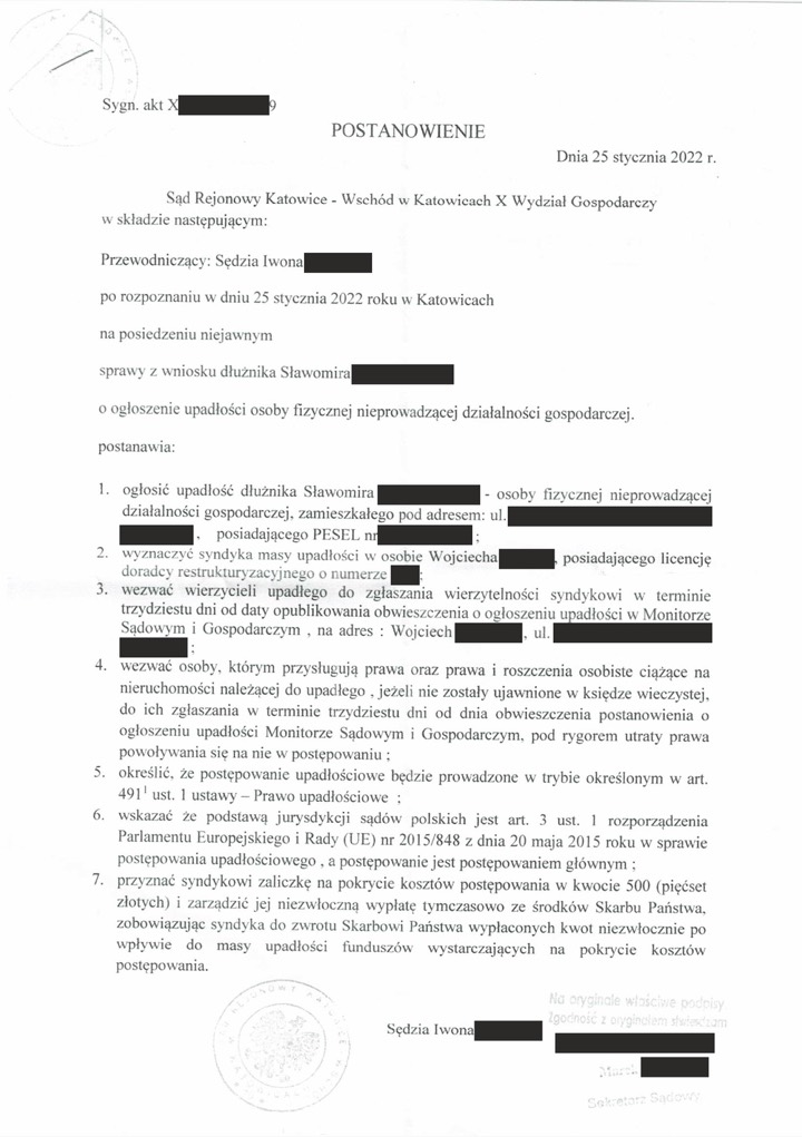 Postanowienie sądu o ogłoszeniu upadłości 7